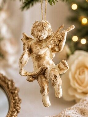 Vintage Style Cherub Angel Violin Ornament 5.5” French Cottage Christmas Decor